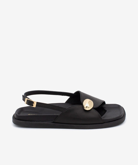 ZELINDA – Sandalia plana de piel con planta bio y adorno metálico – negro – Talla 38 – Ángel Alarcón