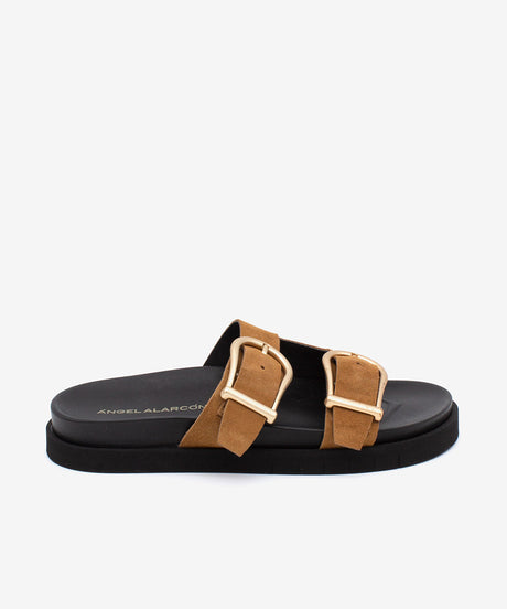 SOFIA - Sandalia plana de mujer con doble tira ajustable de serraje y planta EVA - Zapatos color camel - Zapatos de mujer Ángel Alarcón - Women Shoes 2026