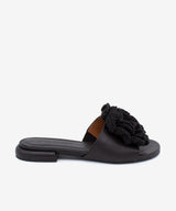GIOVANNA – Mules de tacón plano con adorno de flor de crochet, sandalia en piel grano suave – negro – Talla 38 – Ángel Alarcón