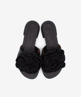 GIOVANNA – Mules de tacón plano con adorno de flor de crochet, sandalia en piel grano suave – negro – Talla 38 – Ángel Alarcón