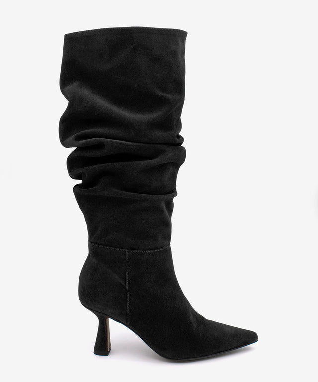 KEIRA - Bota alta de caña fruncida y tacón fino de serraje - Zapatos Negros - Zapatos de mujer Ángel Alarcón - Women Shoes 2026