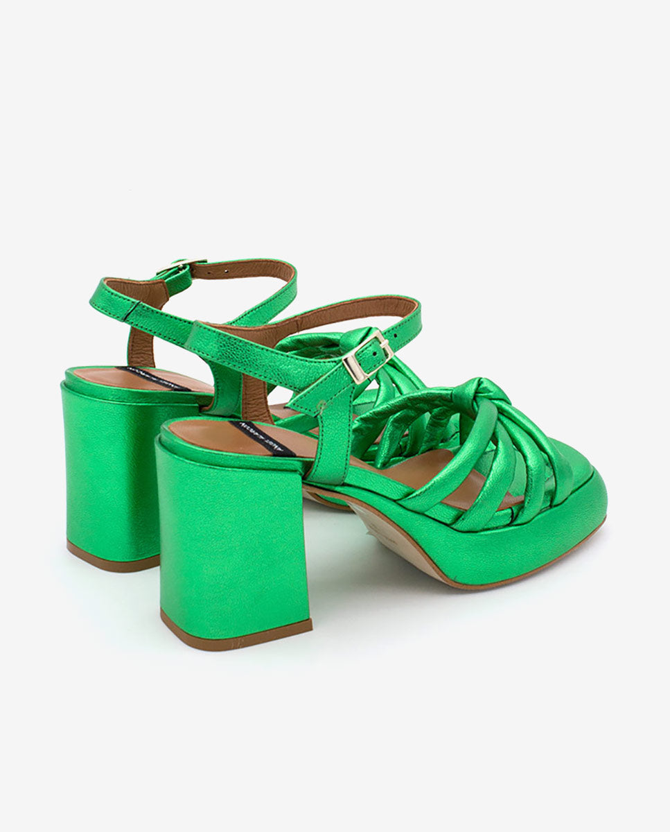 ESTEFAN – Sandalia de piel metalizada acolchada con tacón alto y plataforma – verde – Talla 38 – Ángel Alarcón
